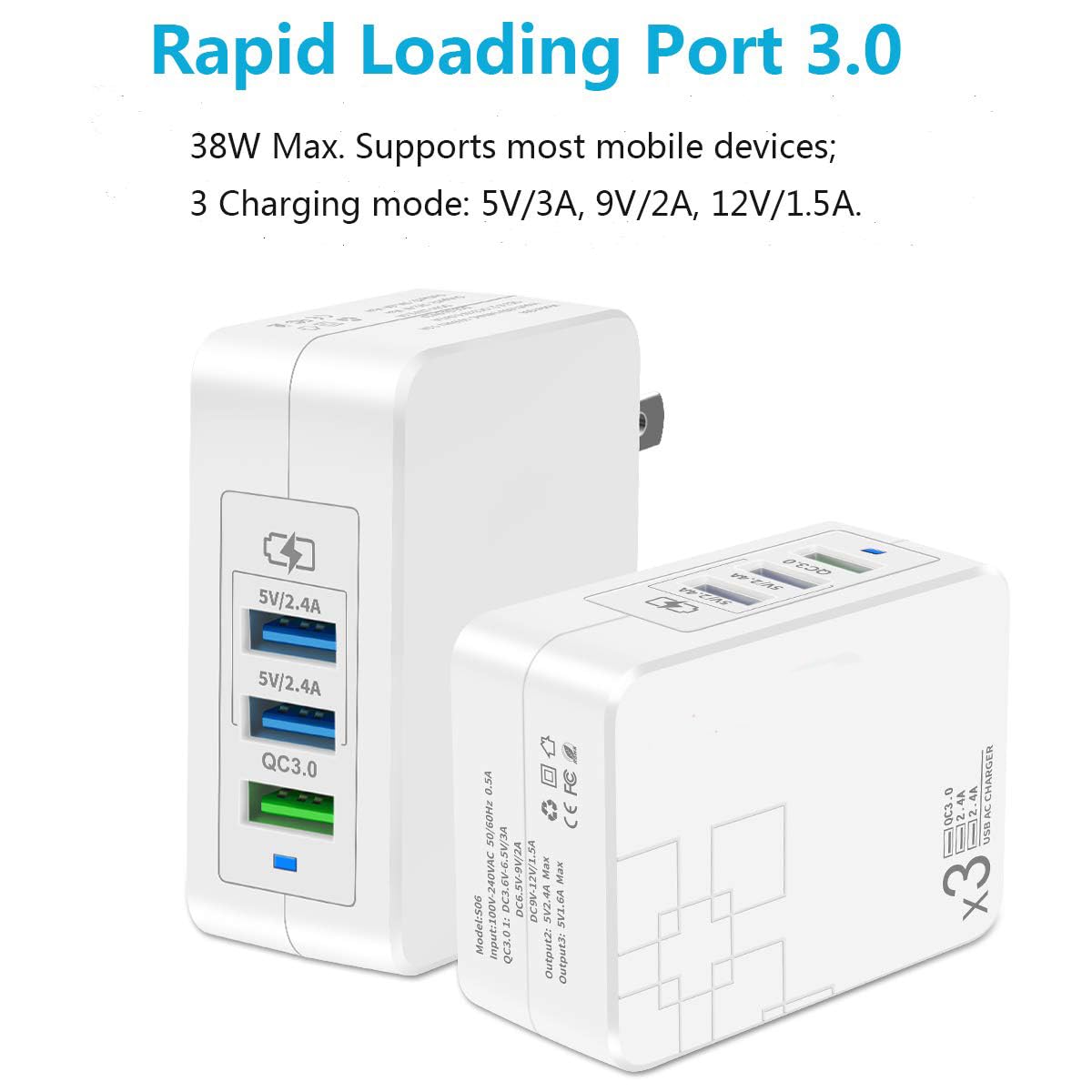 Fast Charge 3.0 USB Wall Charger (3A Max.) with Dual 5V/2.4A USB Ports (Total 4A), Portable 38W QC3.0 USB Charger Power Adapter with Foldable Plug