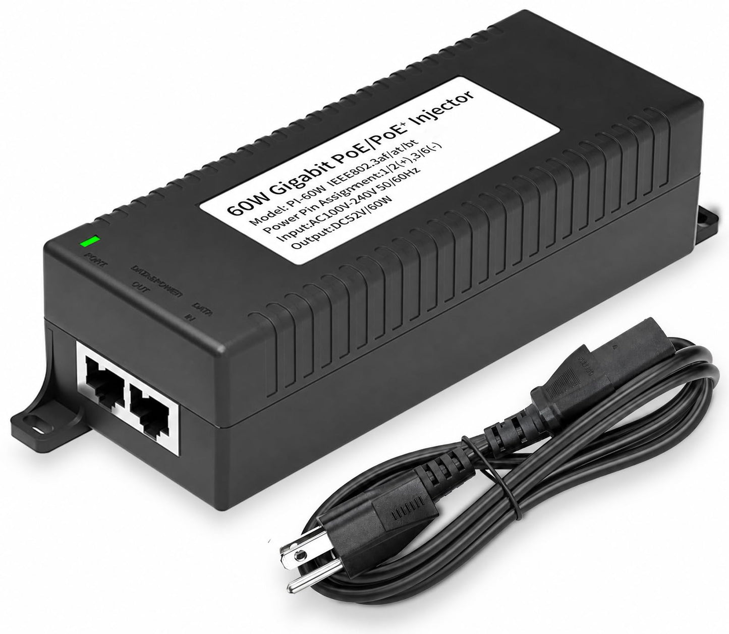 60W Gigabit PoE++ Injector, 48V Power Over Ethernet Adapter, 802.3af/at/bt
