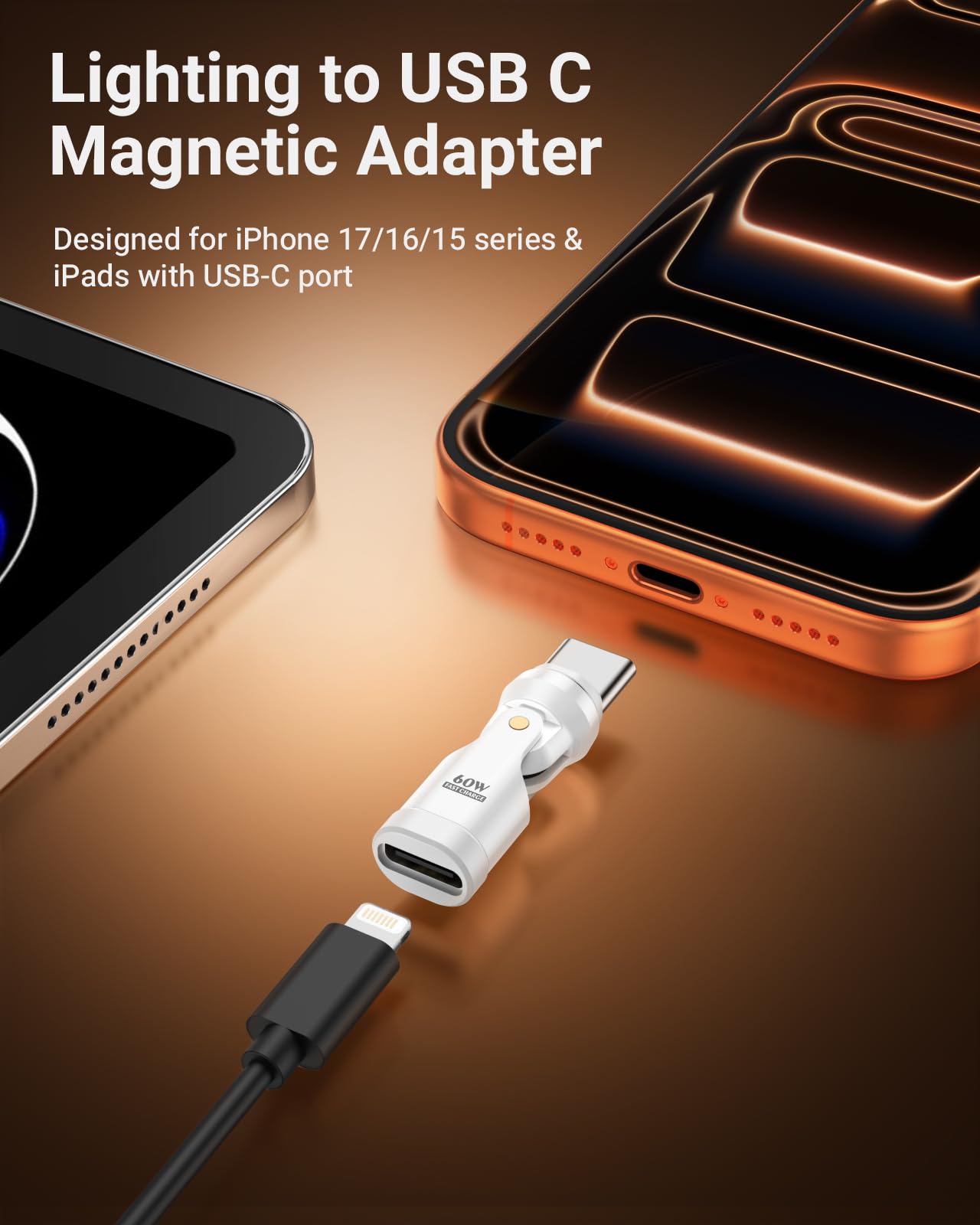 MoKo Lightning to USB C Magnetic Adapter 60W, 9 PIN Magnetic Lightning Adapter with 180° 360° Rotating, Lighting to USB C 90 Degree Adaptor…