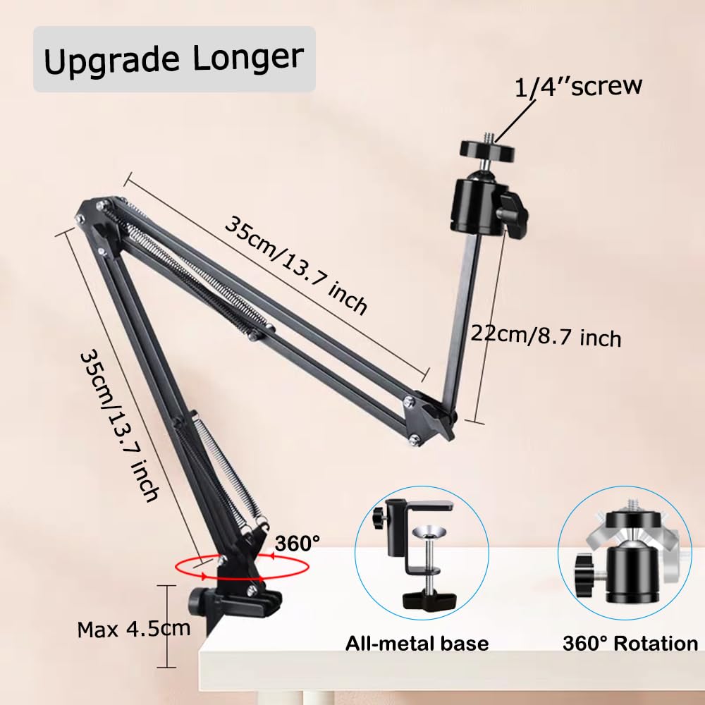 Overhead Tripod Mount for Camera Webcam Ring Light, Long Over Head Articulating Arm with Phone Holder and Ball Head, Desktop Lazy Arm Clamp Phone