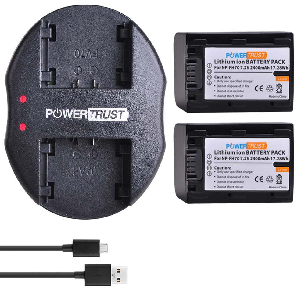 PowerTrust 2Pack NP-FH70 Battery + Dual USB Charger for Sony NP-FH50 NP-FH40 NP-FH30 NP-FH70 NP-FH100 A230 A330 A290 A380 DVD650 HC20 Batteries