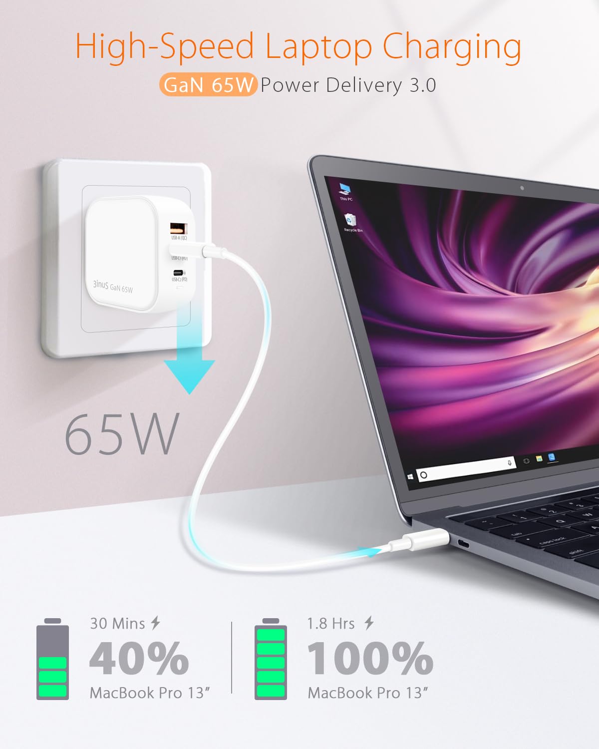 3inuS 65W GaN USB C Charger Block, 3-Port Portable Fast Wall Charger with Foldable Plug & Travel Adapters, Fast Charging Station for iPhone 17/16/15