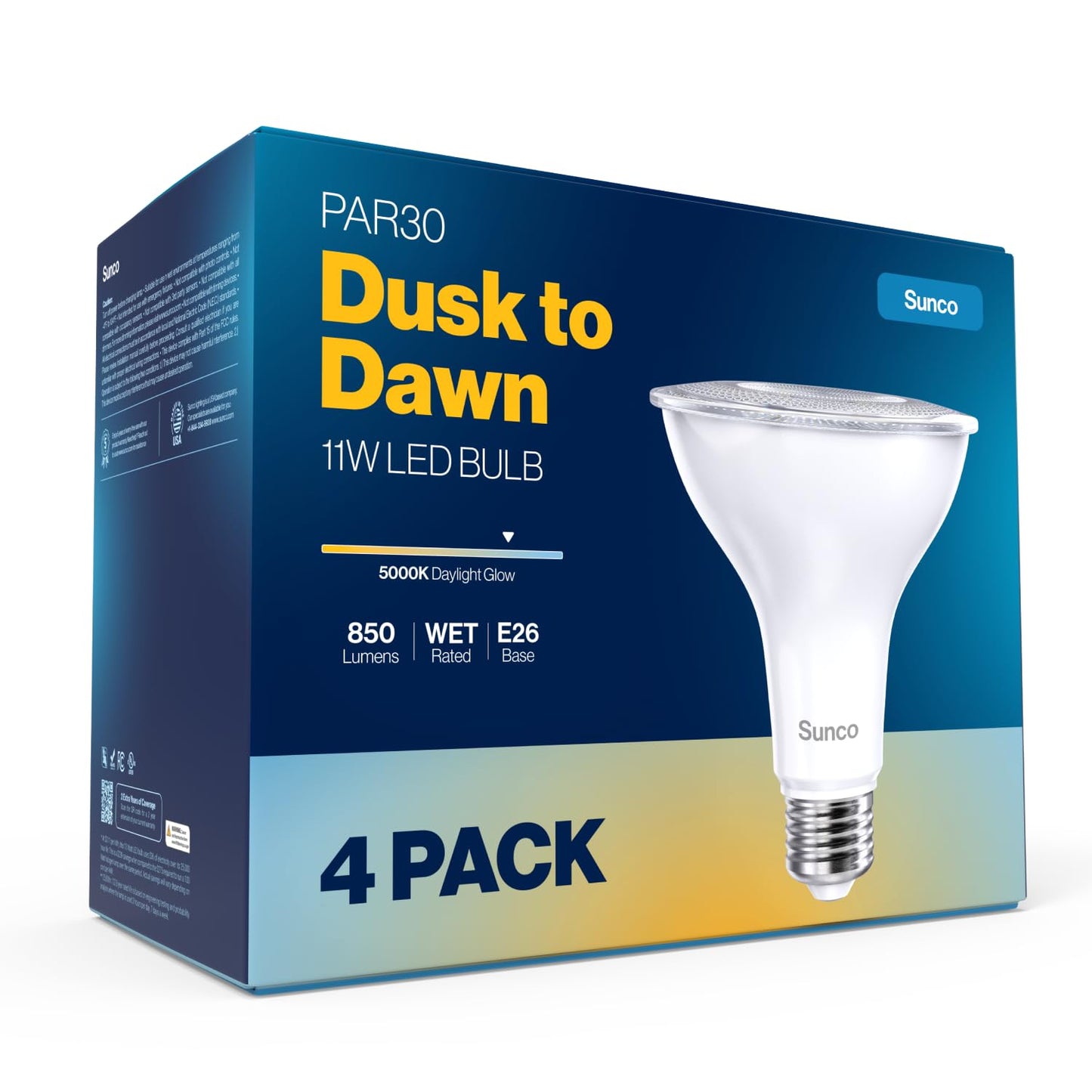 Sunco 4 Pack PAR30 LED Bulbs, Dusk to Dawn Flood Light, 11W, E26