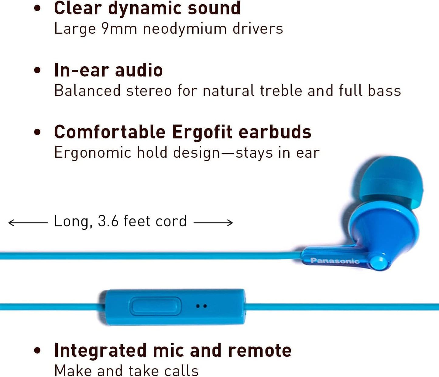 PANASONIC ErgoFit Earbud Headphones with Microphone and Call Controller Compatible with iPhone, Android and Blackberry - RP-TCM125-A - In-Ear (Blue)