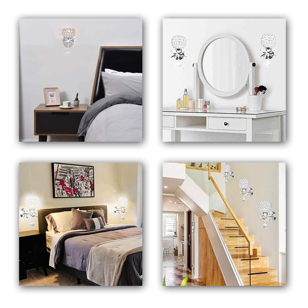 Ygapuzi Modern Crystal Wall Light Flush Mount Wall Sconces Lamps Chrome Finish Bedside Lighting Fixture with E27 Socket, for Living Room Bathroom