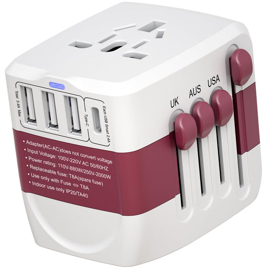 International Travel Adapter,WAUDM All in One Universal USB Travel Power Adapter with 3 USB Port and Type-C Port for US EU UK Australia Red