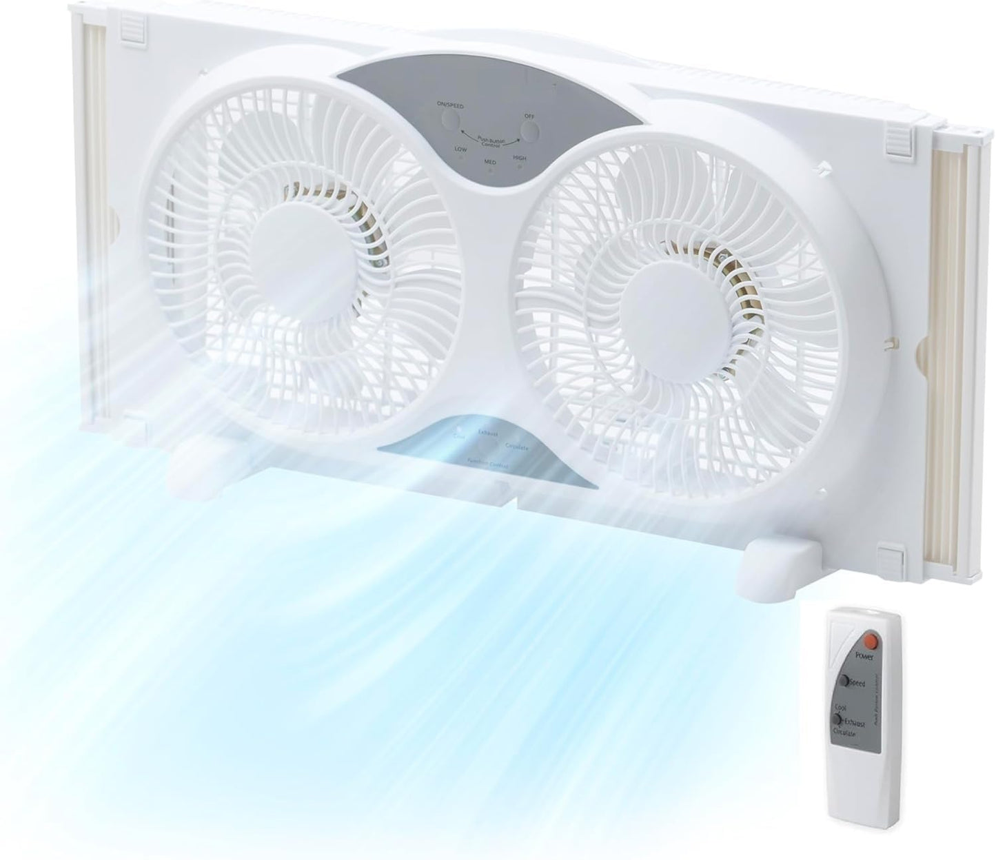 EZ-CHILL 9” Window Fan with Remote Control, 3 Speed Dual Fans with Auto-Locking Expanders, 3 Modes (Cool, Circulate, Exhaust), Fabric Cover, White