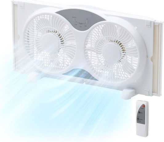 EZ-CHILL 9” Window Fan with Remote Control, 3 Speed Dual Fans with Auto-Locking Expanders, 3 Modes (Cool, Circulate, Exhaust), Fabric Cover, White