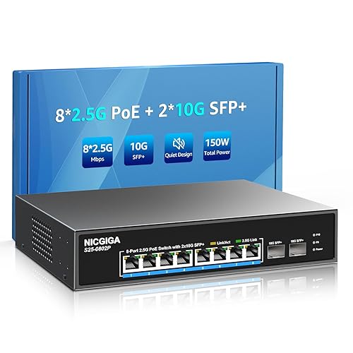 10 Port 2.5Gb PoE Switch Unmanaged with 8 Port 2.5G Base-T PoE+@130W + 2 x 10G SFP+ Uplink, NICGIGA 8 Port 2.5Gbe IEEE802.3af/at Power Over Ethernet