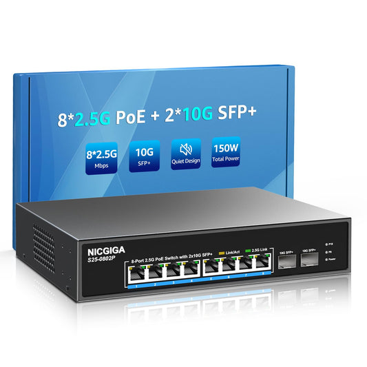10 Port 2.5Gb PoE Switch Unmanaged with 8 Port 2.5G Base-T PoE+@130W + 2 x 10G SFP+ Uplink, NICGIGA 8 Port 2.5Gbe IEEE802.3af/at Power Over Ethernet