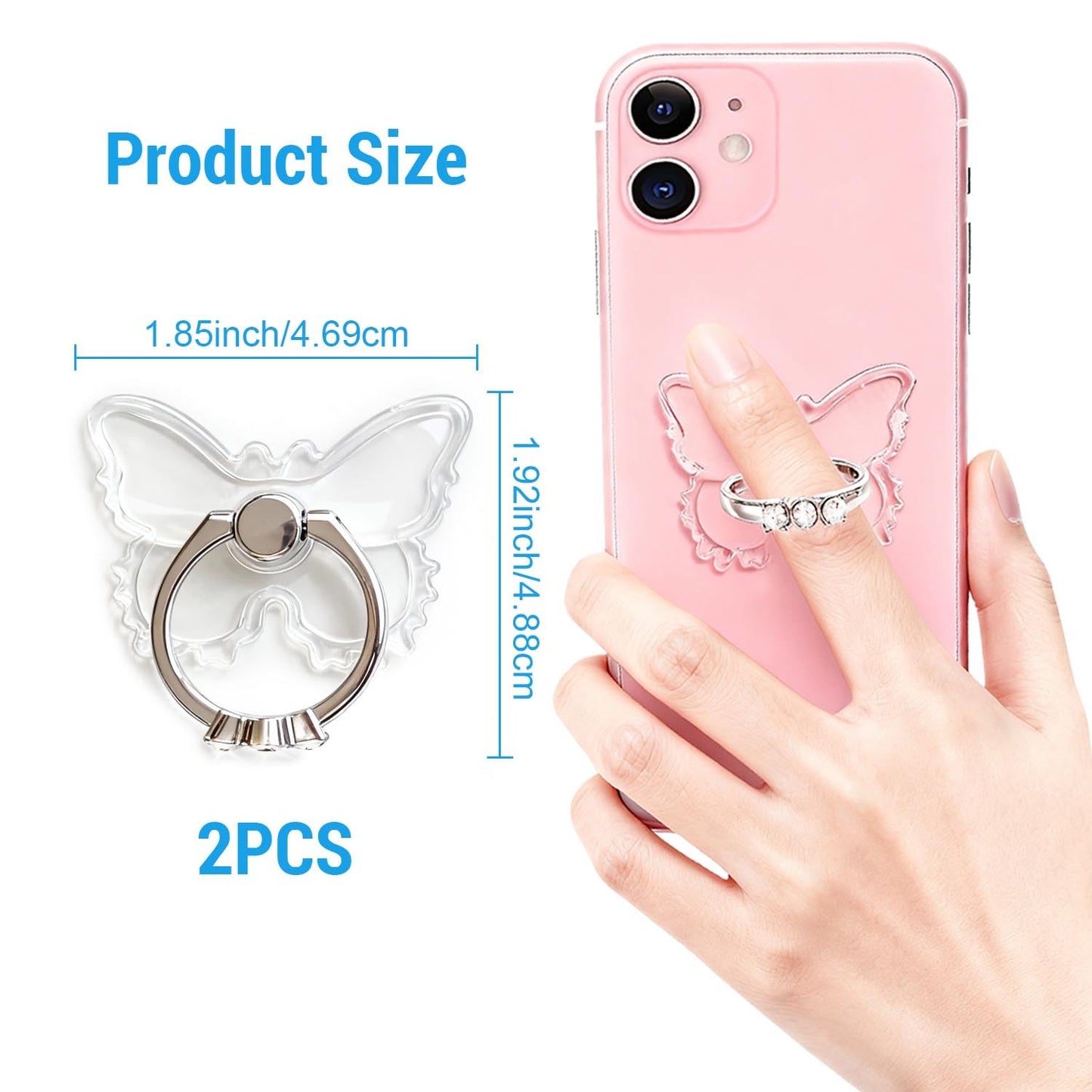 2PcsTransparent Phone Ring Holder Grip, Clear Butterfly Cell Phone Ring Holder Stand with Diamonds,360°Rotation Finger Grip Ring Kickstand Compatible