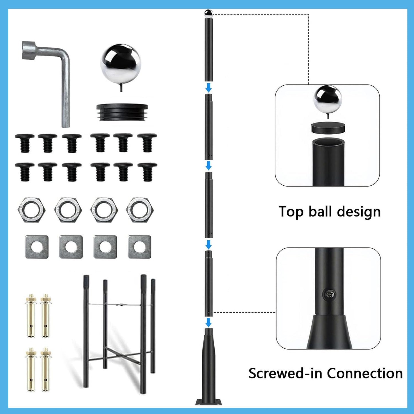 TIUYAO Street Light Pole 16Ft Tall, Solar Split Street Lamp Post for Outdoor Light Galvanized Heavy-Duty Metal Light Pole with Mounting Steel Anchors