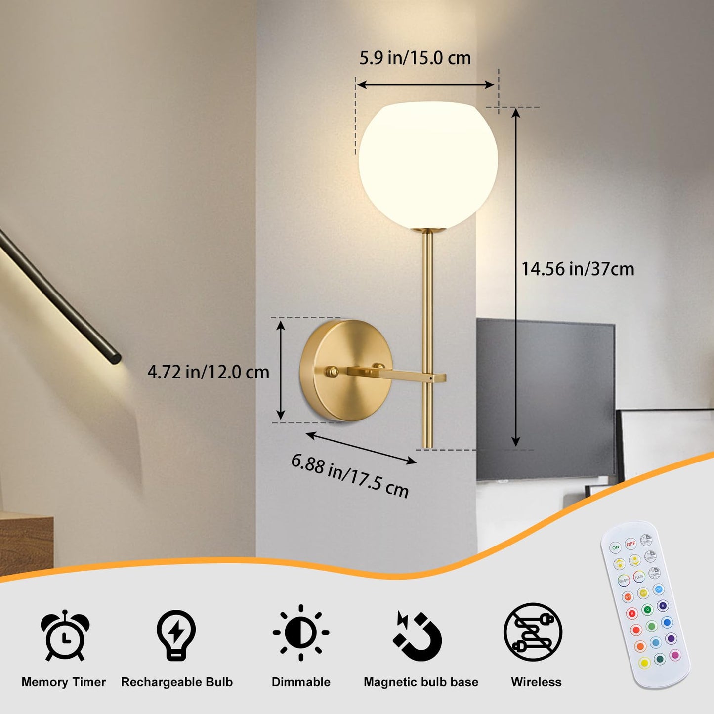 Gold Battery Operated Wall Sconces Set of 2, Rechargeable Wireless Wall Lights with Milky White Frosted Glass Shade, 12 RGB and 3CCT Dimmable, Wall