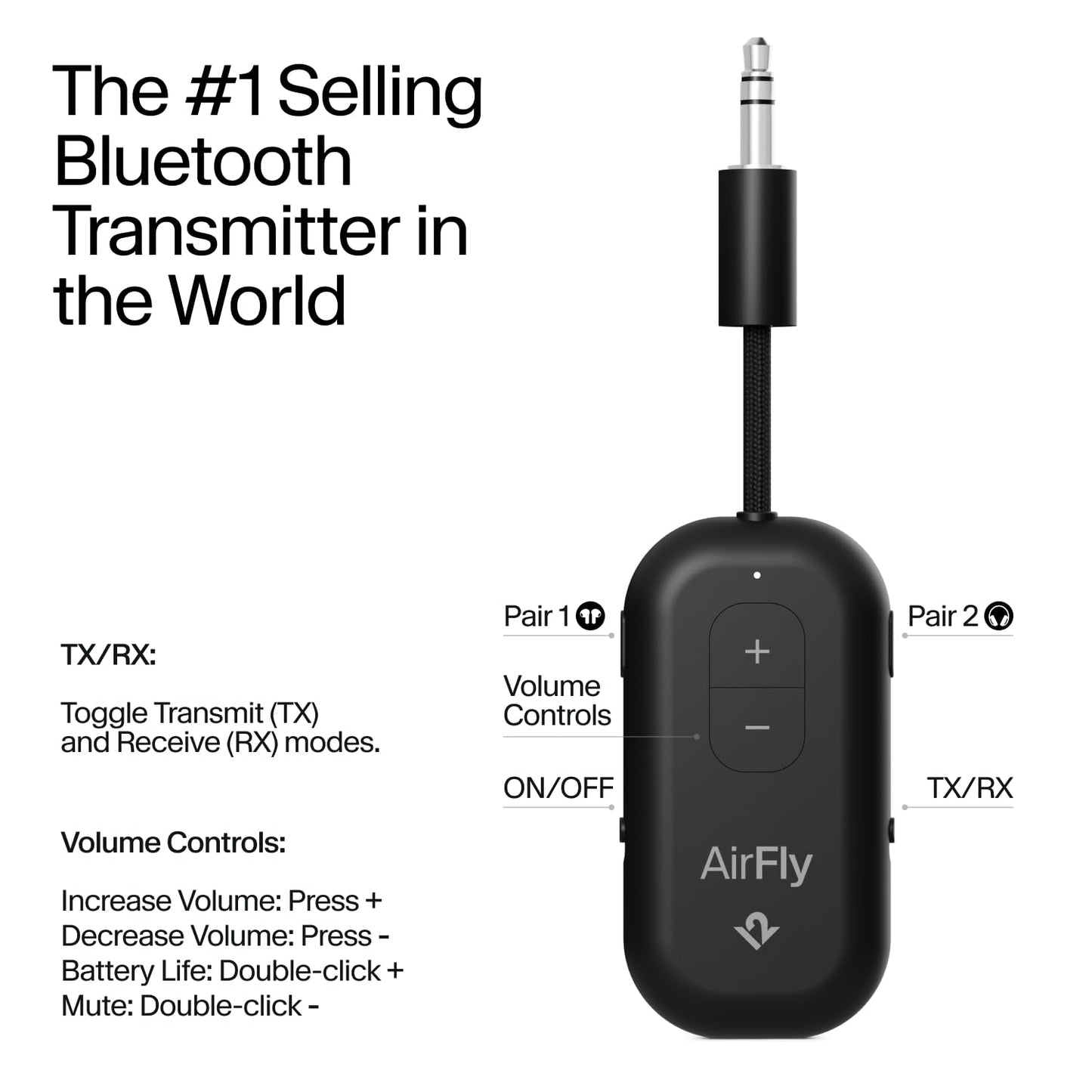 AirFly Pro 2 - Bluetooth Adapter for Airplane, Pair 2 AirPods or Wireless Headphones - 3.5mm AUX Bluetooth Transmitter and Receiver for Cars, Boats