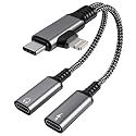 USBC Splitter 1 in 2 Out USB C Headphone and Charger Adapter - Type C & Lightning Male to Dual USB C Female Audio Dongle Cable, PD 60W Fast Charging +