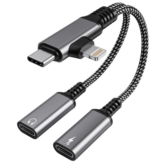 USBC Splitter 1 in 2 Out USB C Headphone and Charger Adapter - Type C & Lightning Male to Dual USB C Female Audio Dongle Cable, PD 60W Fast Charging +