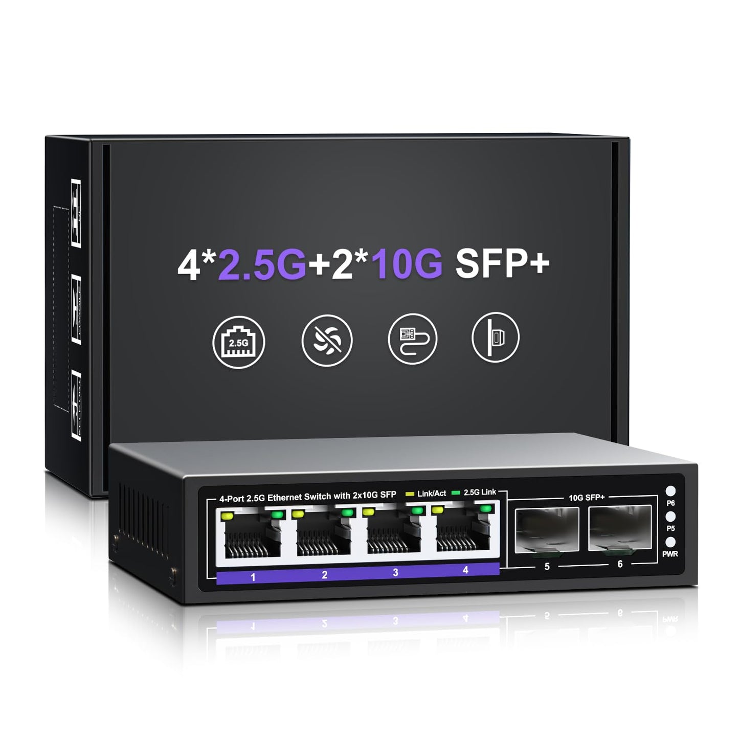 6 Port 2.5G Unmanaged Ethernet Switch, 4 x 2.5G Base-T Ports, 2 x 10G SFP+, Compatible with 100/1000/2500Mbps, Metal Fanless, Desktop/Wall Mount