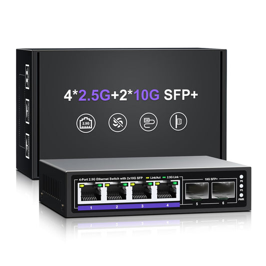 6 Port 2.5G Unmanaged Ethernet Switch, 4 x 2.5G Base-T Ports, 2 x 10G SFP+, Compatible with 100/1000/2500Mbps, Metal Fanless, Desktop/Wall Mount