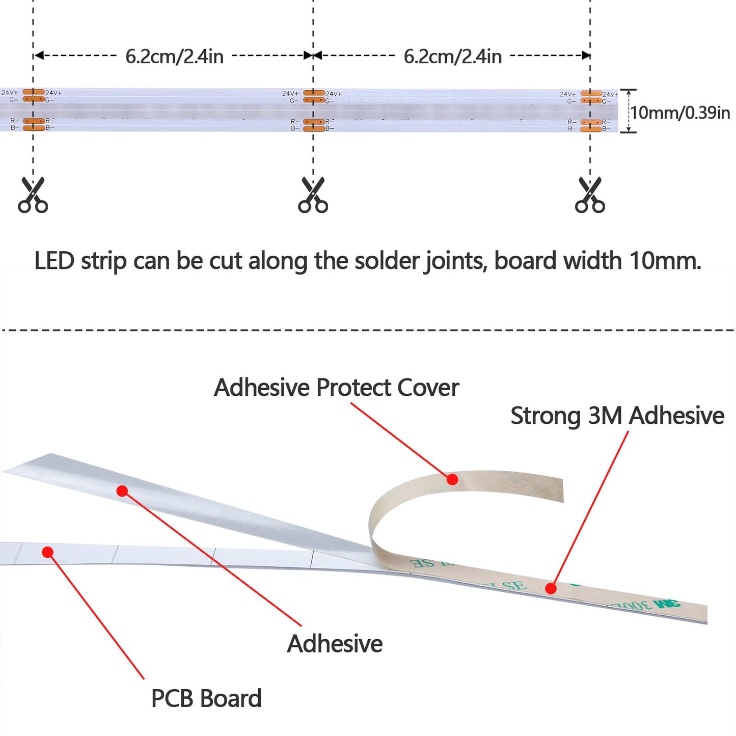 GOMING 24V 32.8ft/10M RGB COB LED Strip Light 576LEDs/M Flexible High Brightness 14W/M Uniform Glow IP20 No Waterproof LED Tape Lights for Bedroom