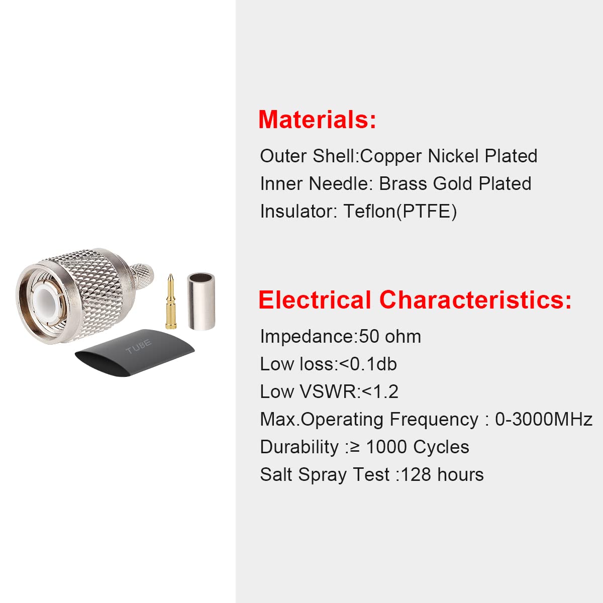 MOOKEERF 10 Pack TNC Male Connector 50 Ohm TNC Male Plug Crimp Connectors for RG58 RG142 RG400 LMR195 KSR195 3D-FB Coax Cable