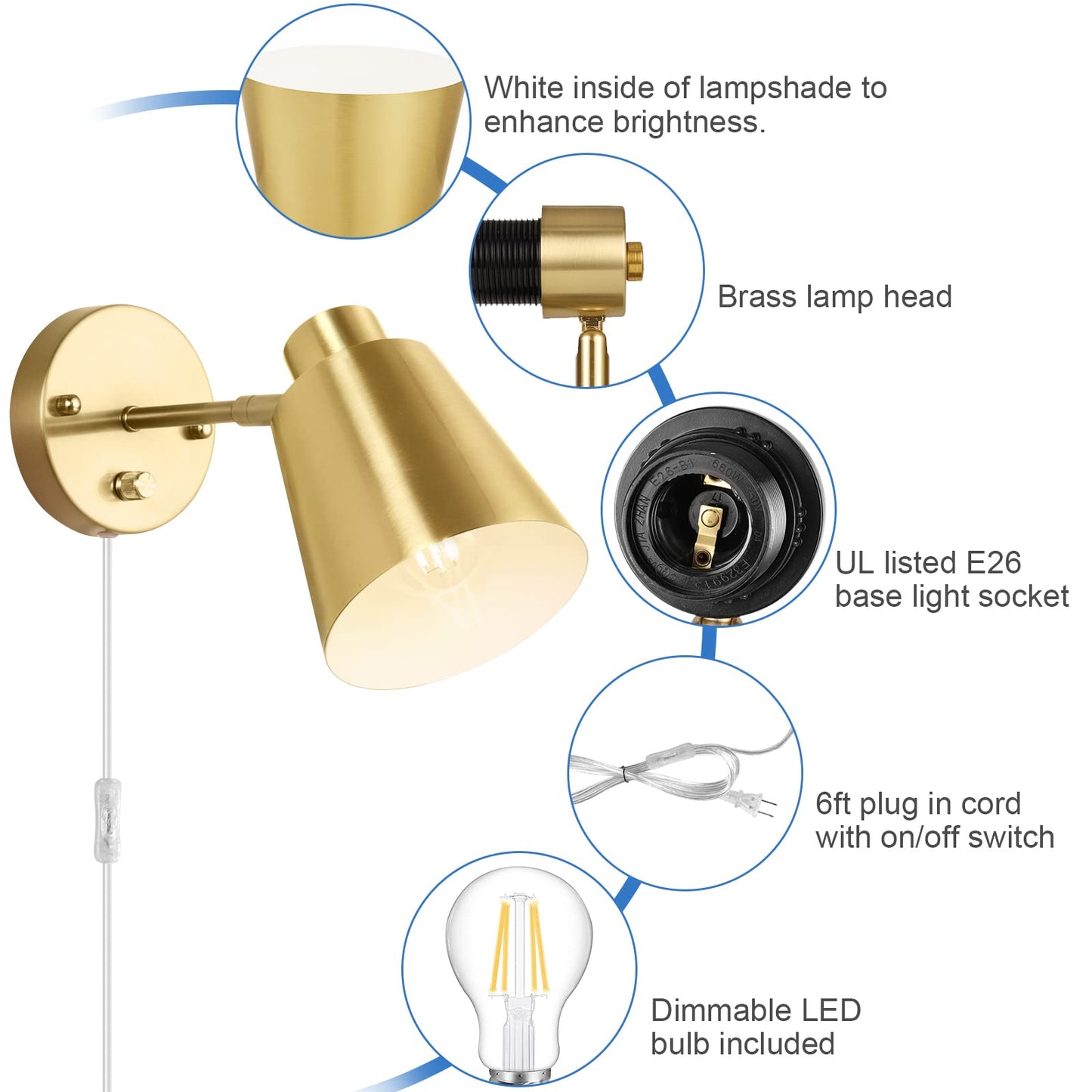 VATONI Plug in Wall Sconces, Dimmable Wall Sconces Adjustable Angle Wall Lights with Plug in Cord and Dimmer On/Off Knob Switch, Gold Wall Mounted