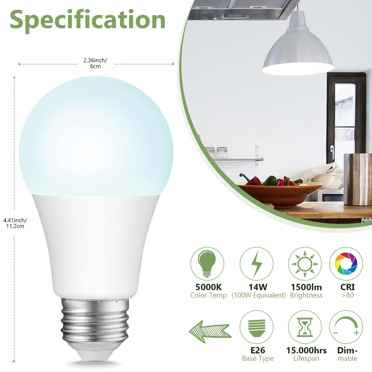 Sigalux A19 100W Equivalent LED Bulbs, Daylight 5000K 1500LM, Dimmable E26 Base LED Light Bulbs, Energy Efficient 14W, 15000 Hour Lifespan for Home