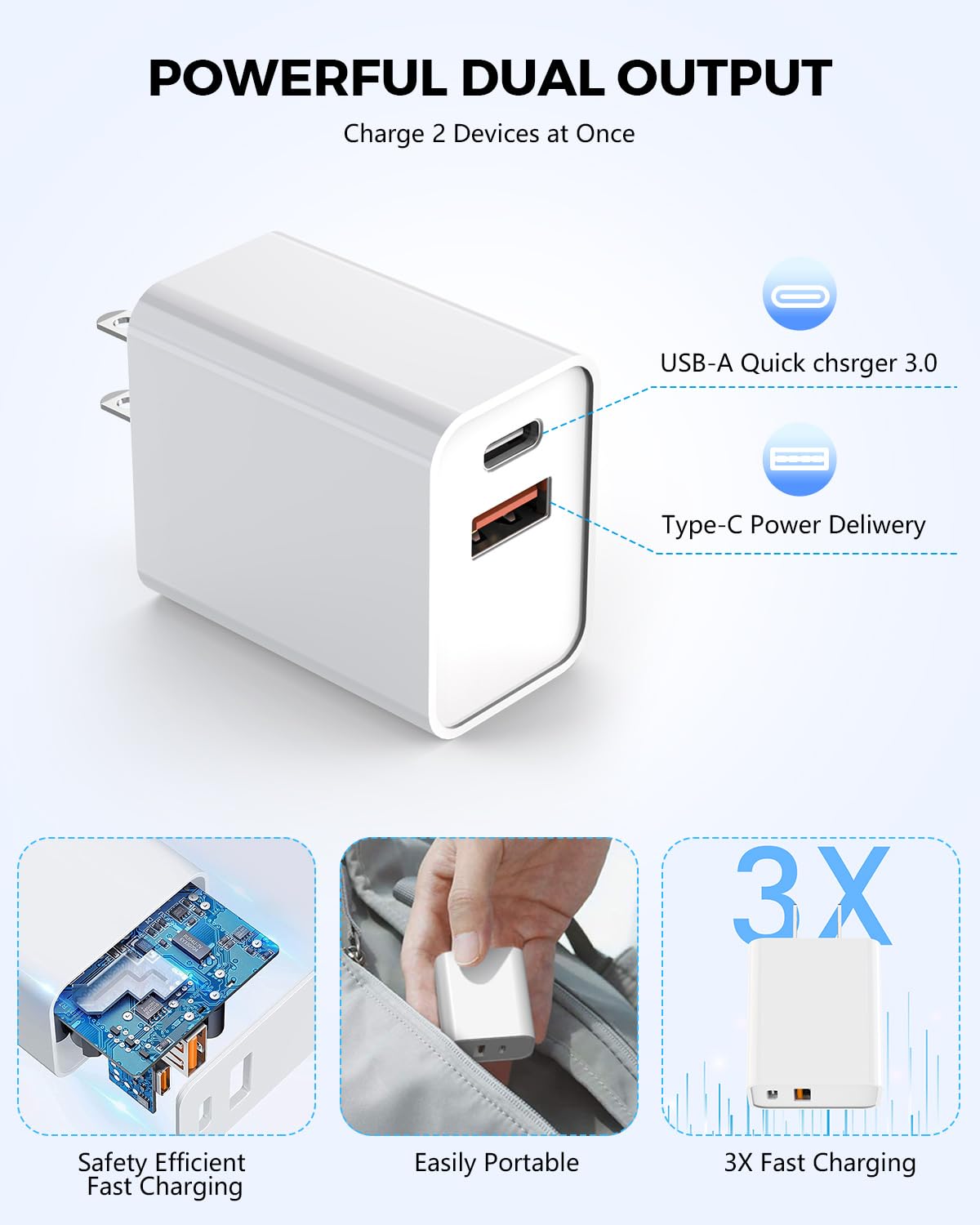 3 Pack Apple USB C Wall Charger,20W iPhone 17/16 Dual Port QC + PD 3.0 Power Adapter Double Fast Plug Charging Block for Apple iPhone 17/17 Pro/16/16