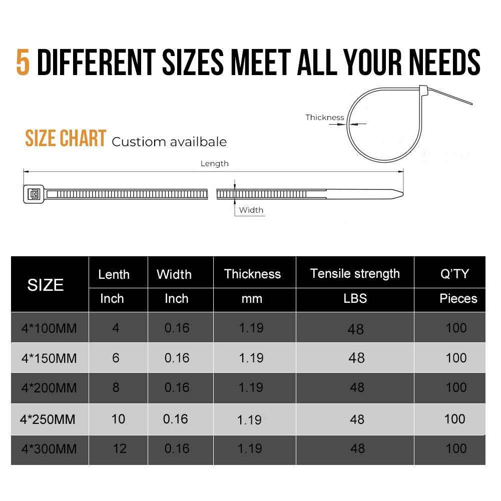 Zip Ties,ON THE WAY 500 Packs Djustable Durable Self Locking 4+6+8+10+12-Inch Width 0.16inch Assorted Size Wire Ties Ultra Strong Durable Nylon Cable
