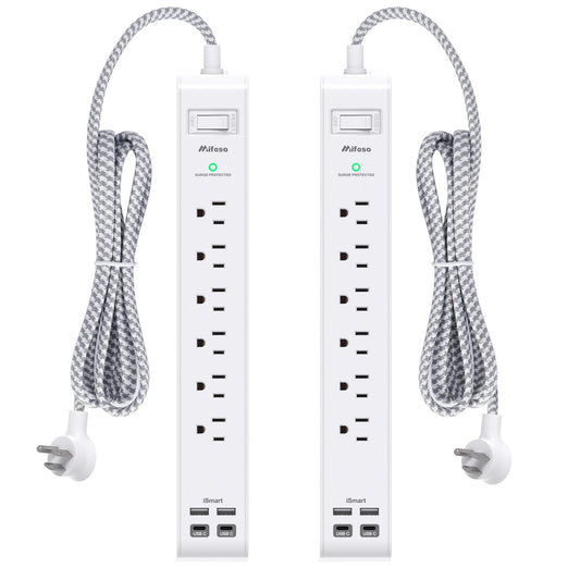 2 Pack Power Strip, 12FT Long Extension Cord, Surge Protector with 6 Outlets and 4 USB Ports (2 USB C), Flat Plug Overload Protection, Extension Cord