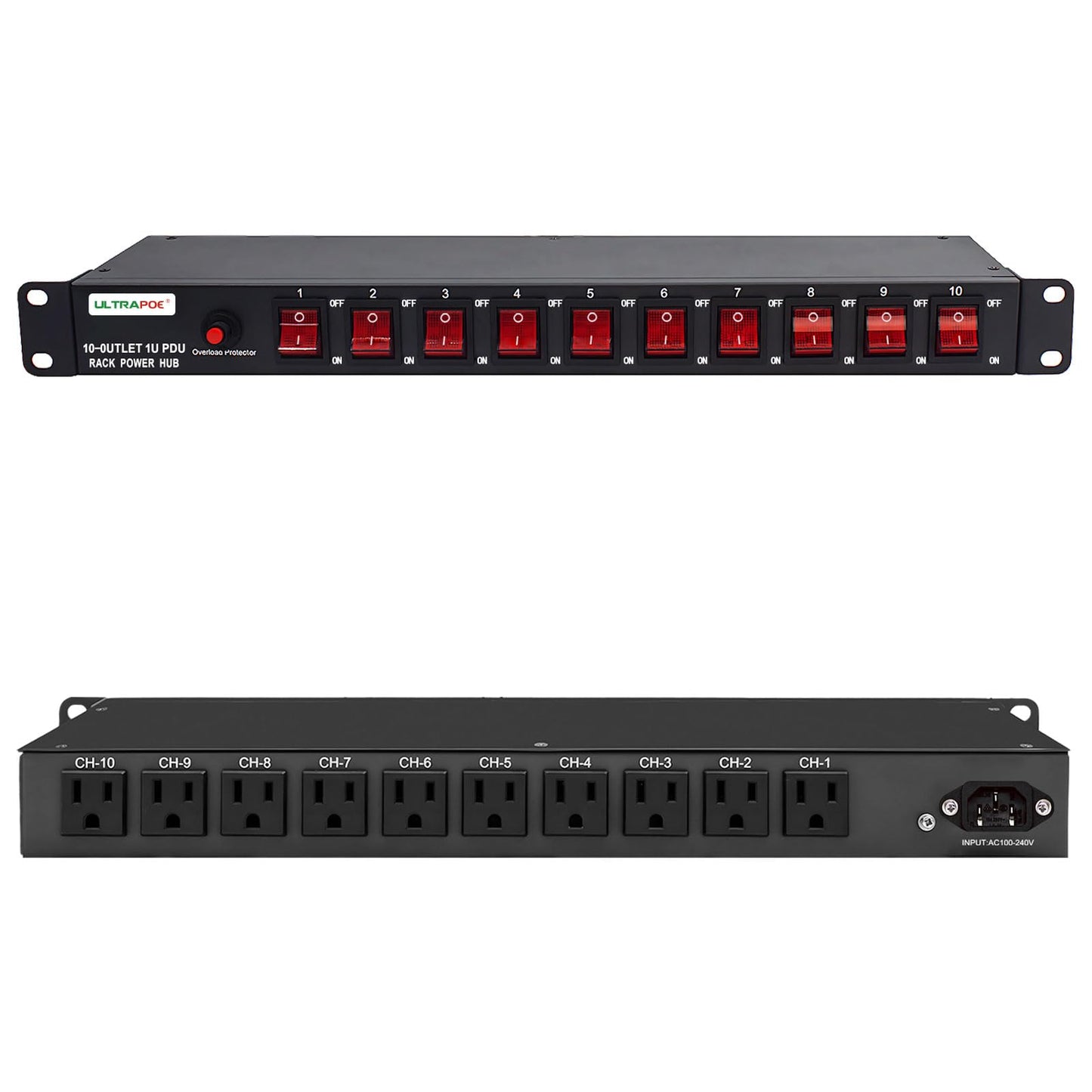 UltraPoE 10-Outlet 1U Horizontal PDU Rack Mount Power Strip - Overload Protector,100-240V/15A/1800 Joules,for Network Servers,Power Conditioner