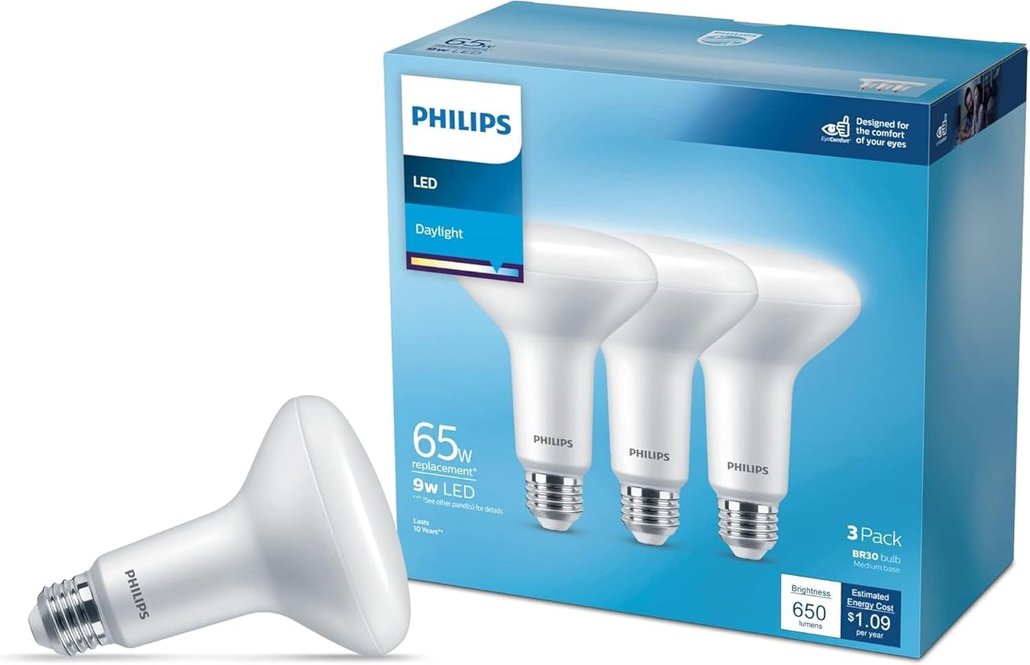 PHILIPS LED 65W BR30 3-Pack Basic Daylight (5000K) 650 Lumen (9W = 65W) Frosted Flicker-Free Light Bulbs