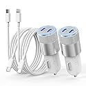 iPhone Car Charger Fast Charging, [Apple MFi Certified] 60W Dual USB-C Power Cigarette Lighter Car Charger+Type-C Cable&Lightning Cable for iPhone 16