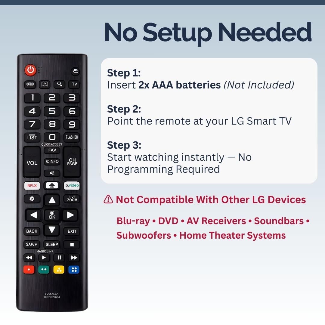 AKB75375604 LG TV Remote Control Replacement for Smart TV - Easy Setup Remote, Streaming Shortcuts - Works with LG 4K, UHD, LED, OLED Smart HDTV