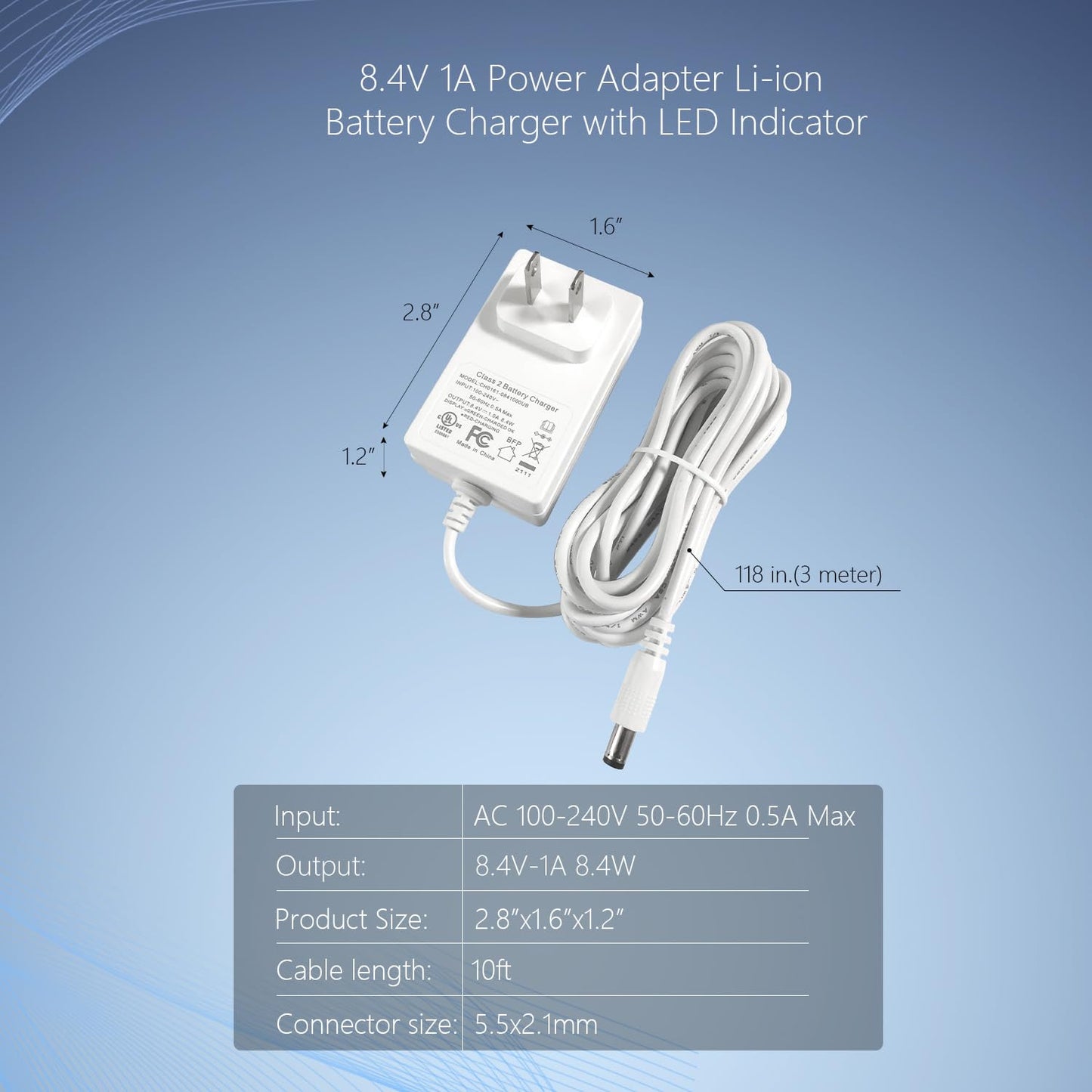 Sortfle 8.4V 1A DC Adapter Power Supply Plug Charger Switching Power Supply Adapter with LED Indication Plug 5.5x2.1 Extra Long 10 Foot Cord