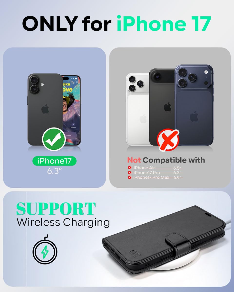 OCASE for iPhone 17 Wallet Case, PU Leather Flip Cover with Card Holder, RFID Blocking, Kickstand, Magnetic Closure, Protective Phone Case for iPhone