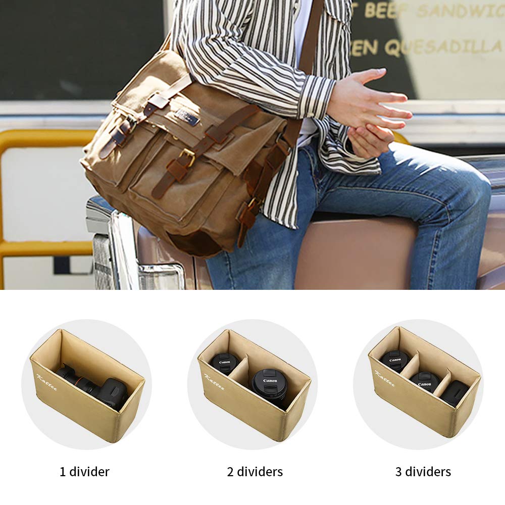 Kattee Leather Canvas Camera Bags for Men Vintage DSLR SLR Messenger Shoulder Bags Khaki