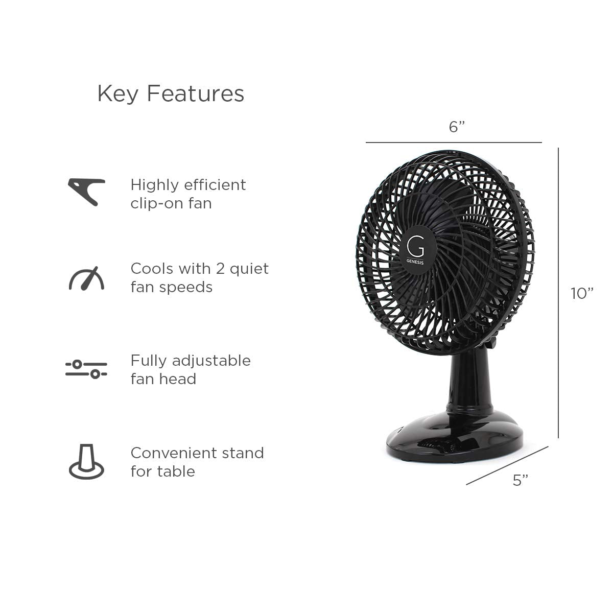 Genesis 6-Inch Clip Convertible Table-Top & Clip Fan Two Quiet Speeds - Ideal For The Home, Office, Dorm, More Black (A1CLIPFANBLACK