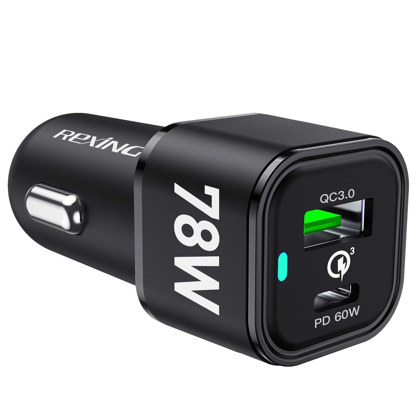 REXING JETSPEED Black 78W PowerDrive+ USB-C Car Charger, 2 Port QC3.0/PD3.0 for Dashcam/Android/iPhone/iPad/MacBook/Windows Fast Charge Dual Cigarette