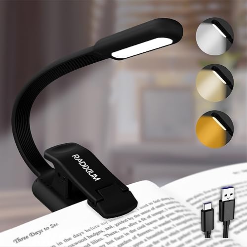 RADIXIUM Rechargeable Book Light for Reading - 9LED Eye-Caring Clip Light w/ 9 Color Temp, Stepless Dimming, 50H Battery, USB-C, Ultra Slim - Gift