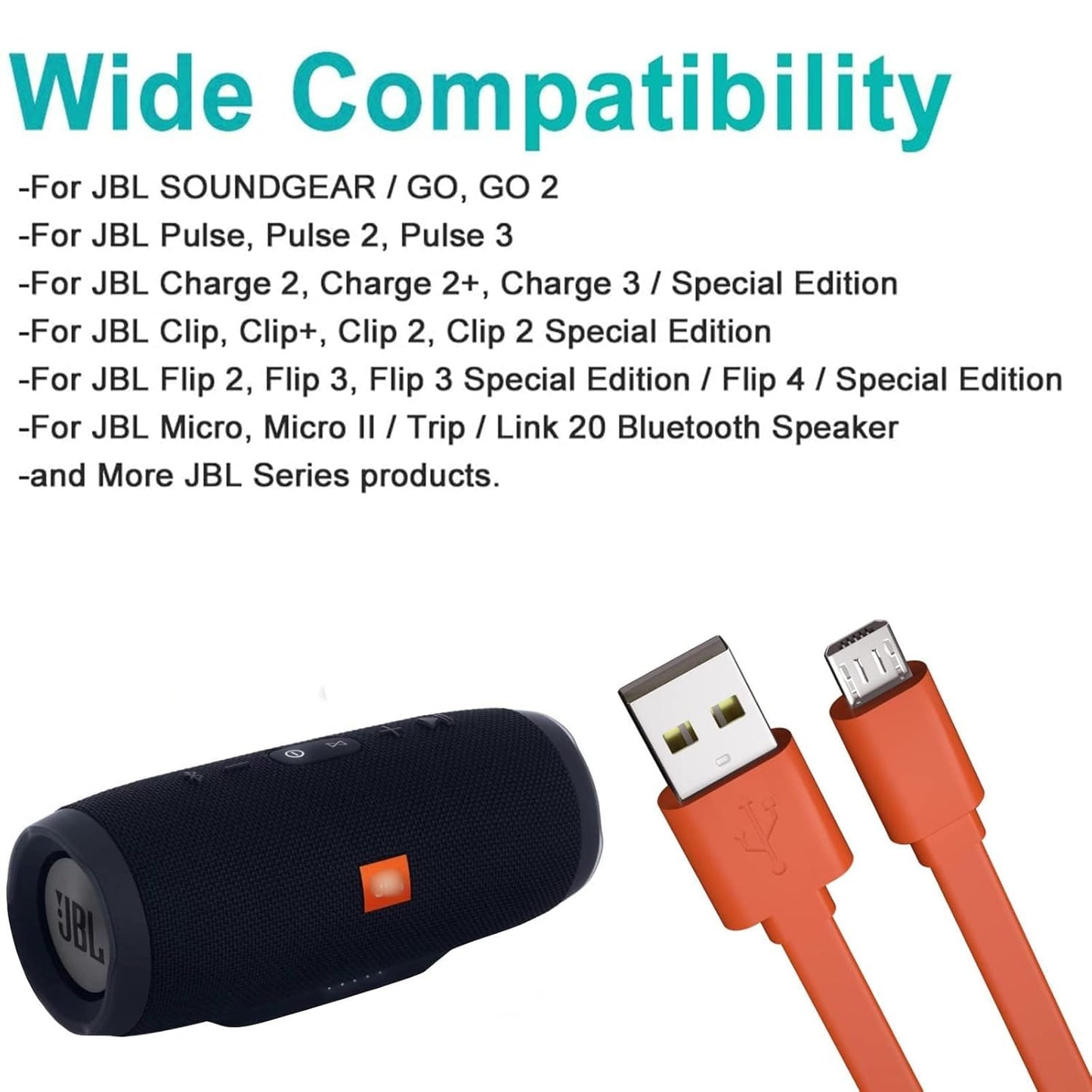 Alitutumao Replacement Flat Micro USB Charger Charging Cable Power Cord Compatible with JBL Charge 3 Charge 2 Flip 4 Pulse 2 Flip 2 Flip 3 Pulse Go 2