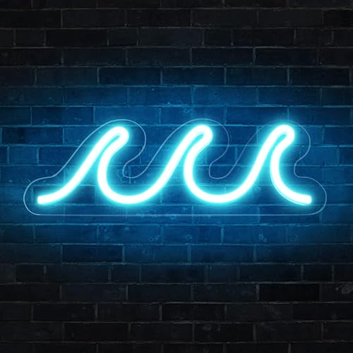 Wave Neon Signs for Bedroom, Ice Blue LED Neon Signs for Wall Decor, Night Lights USB Powered with Dimmer & Switch, Tropical Decor for Living Room