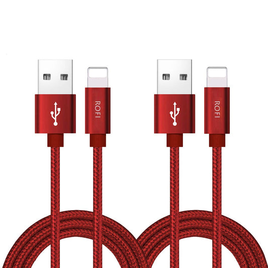 RoFI Compatible Phone Cable, 2FT Nylon Braided Fast Charging USB Cord Replacement - 2 Pack (Red, 2 FT) for X, 8, 7, 6, 5, 5S, 5C, SE, Pad Air, Mini