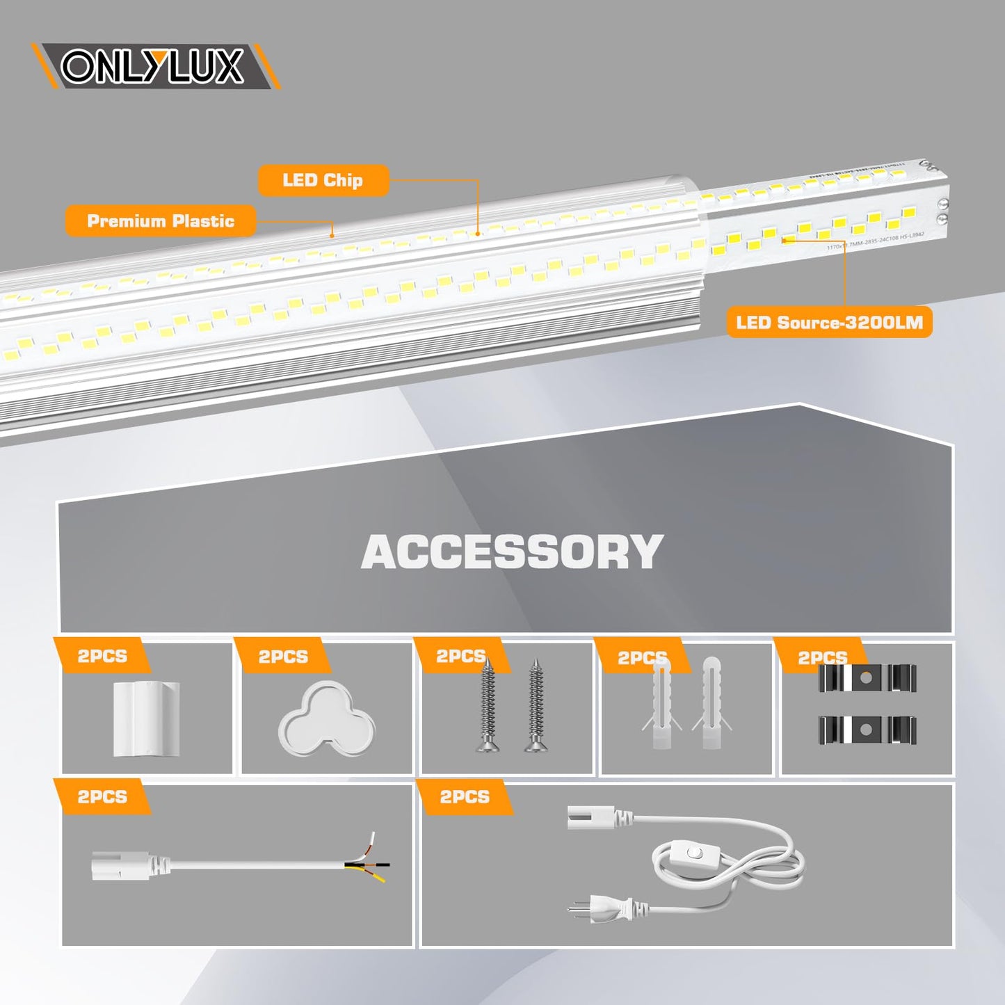 ONLYLUX LED Shop Lights, LED Tube Light 25W 6000K, Garage Lighting, Super Bright, Under Cabinet Lighting, Linkable with Plug Shop Lights for Garage