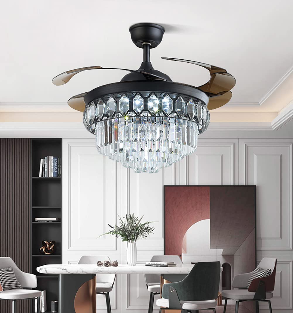 Fandian 42" Modern Crystal Ceiling Fan with Lights Black Retractable Fandelier Remote Control Fixtures, 3 Color Changes Luxury Lighting for Dining