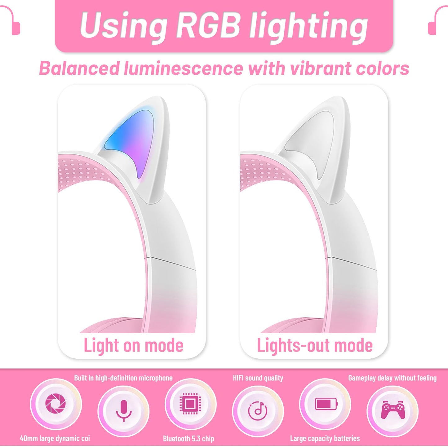 KERHAND Cat Ear Kids Headphones, Bluetooth 5.0, Safe Volume, LED, Pink