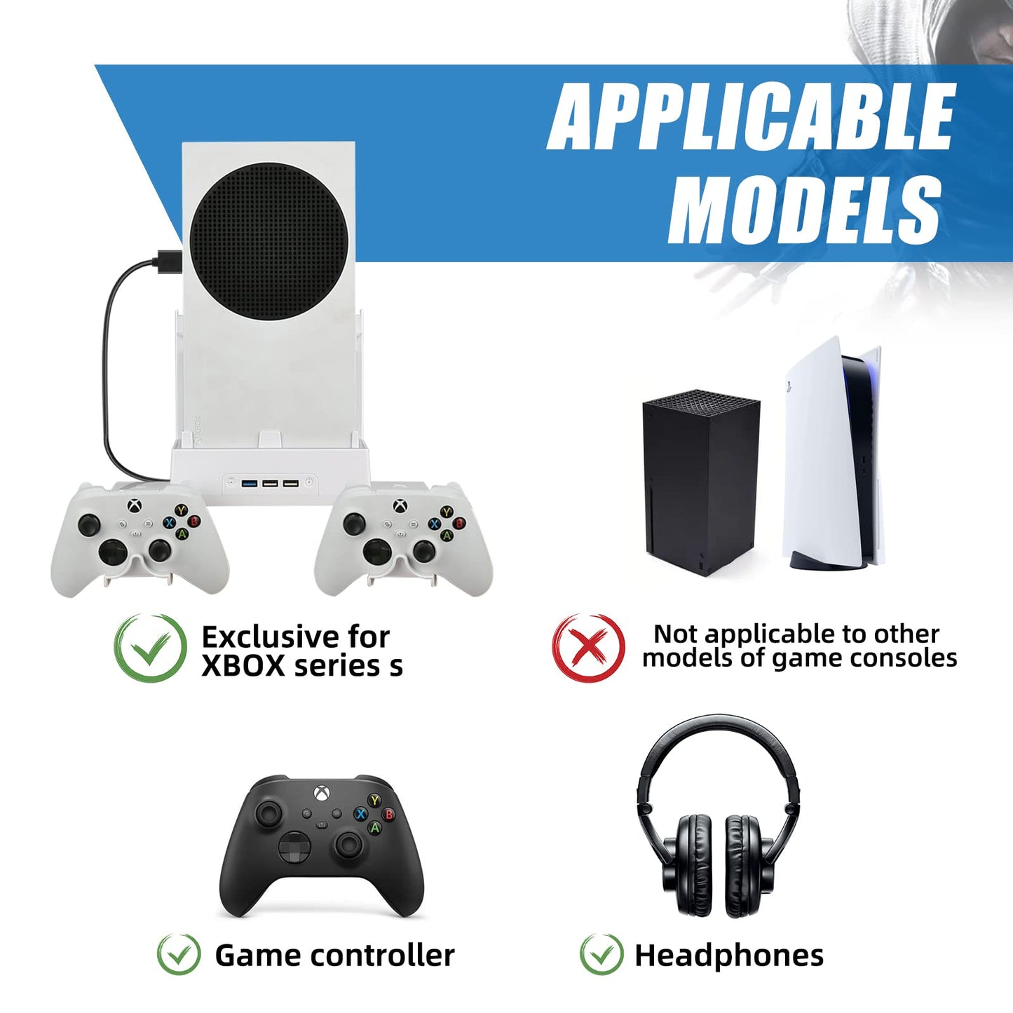 Raryars Wall Mount Cooling Fan for Xbox Series S with 2 Fan and 3 USB Port with Controller Holder & Headphone Hanger Wall Mount Holder Bundle