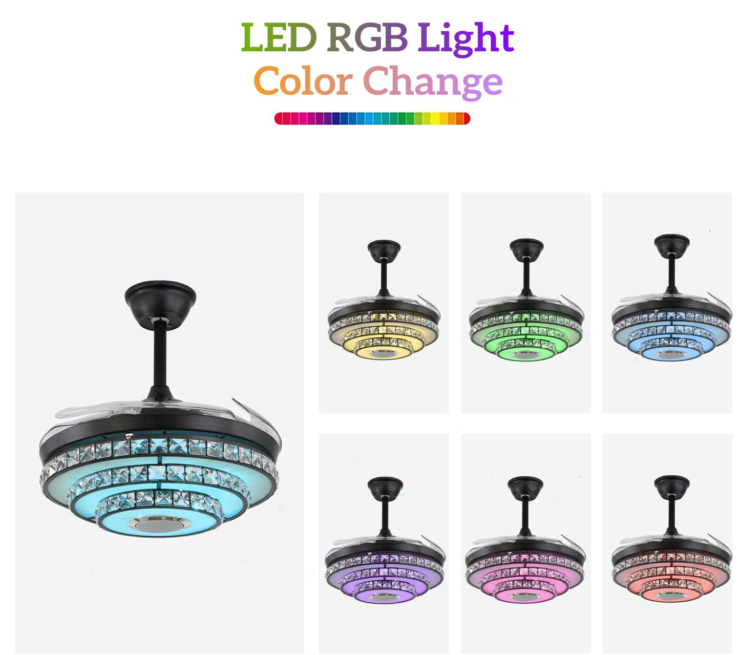 FANEPRO 42" Smart Ceiling Fan with Lights and Bluetooth Speaker, Retractable Black Fandelier RGB Color Dimmable LED Crystal Chandelier Fans