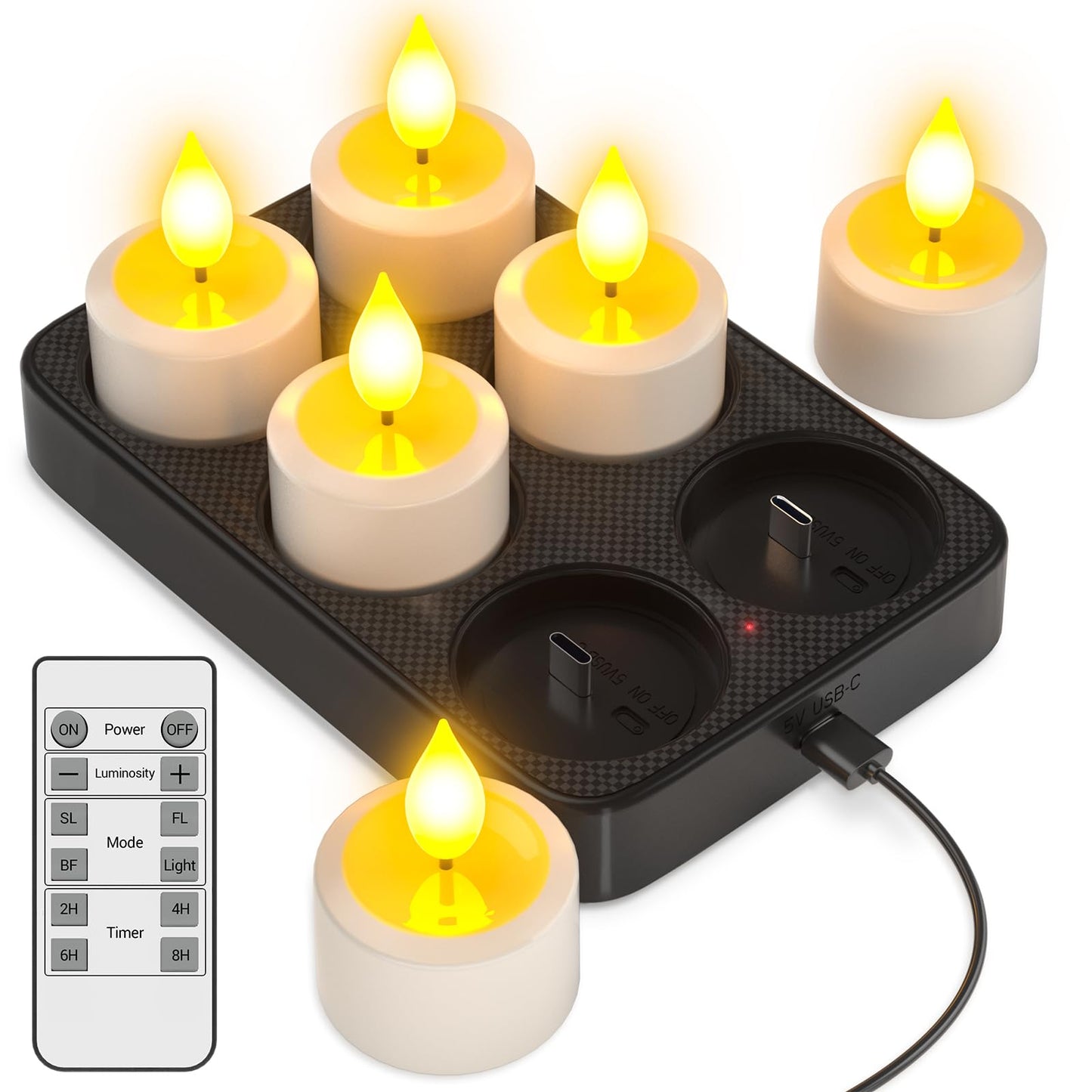 Yme Rechargeable Tea Lights with Remote Timer and Charging Base, 6 Pack LED Battery Operated Flickering Flameless Candles, Electric Tea Lights Votive