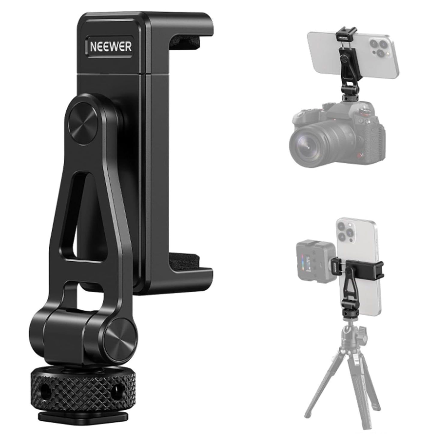 NEEWER Metal Phone Tripod Mount with Cold Shoes, 1/4" Thread, 180° Tilt, 360° Rotation, Adjustable Phone Clamp Holder Compatible with iPhone 17 Pro