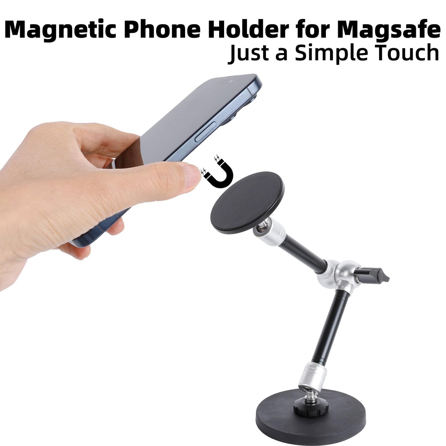 Dual Magnetic Phone Holder for Magsafe, Heavy Duty Phone Mount with 10" Long Magic Arm for Gym/Truck/Tractor/Forklift/Boat, Compatible with iPhone 16